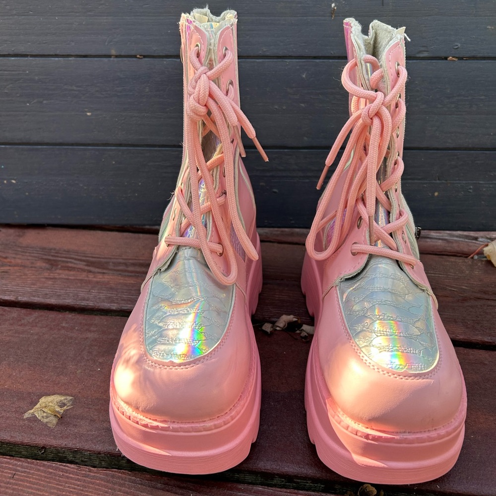 Pink holographic platform ankle boots